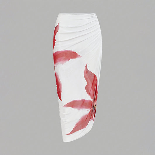 White one-piece swimsuit with red floral print and matching ruched sarong skirt for beach or resort wear. - Image 19