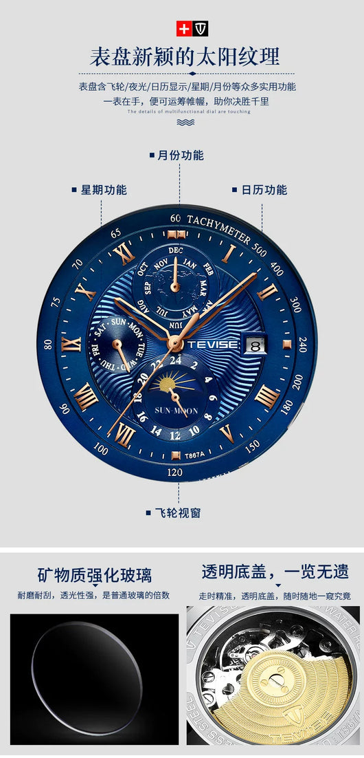 Reloj Mecánico de Lujo con Tourbillon, Fase Lunar y Diseño Cielo Estrellado Resistente al Agua - Image 12