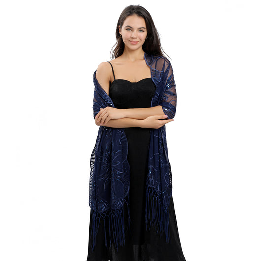 Chal Largo Bordado con Lentejuelas y Plumas - Image 11