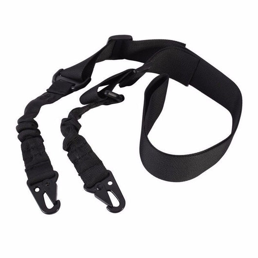 Black crossbody nylon strap with elastic sections, adjustable buckles, and two metal hooks for tension adjustment. - Image 8