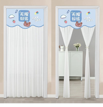 Double-layer blackout doorway curtain with a light blue top featuring a cartoon bear and "LUCK DAY!" text. - Image 41