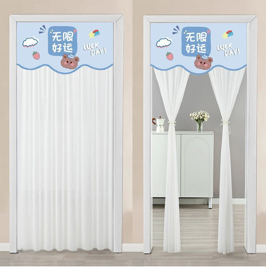 Double-layer blackout doorway curtain with a light blue top featuring a cartoon bear and "LUCK DAY!" text. - Image 41