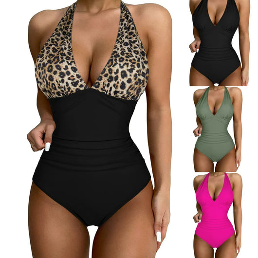 Black halter one-piece swimsuit with a deep V-neck and ruched detailing, designed for a slimming vacation look. - Image 15
