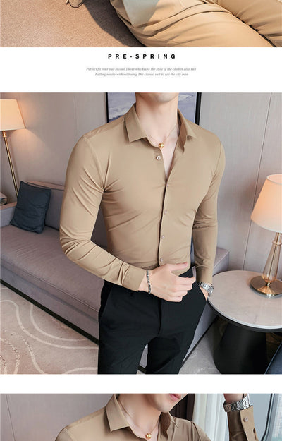 Camisa Ejecutiva Coreana Slim Fit de Punto Elástico para Hombre - Image 32
