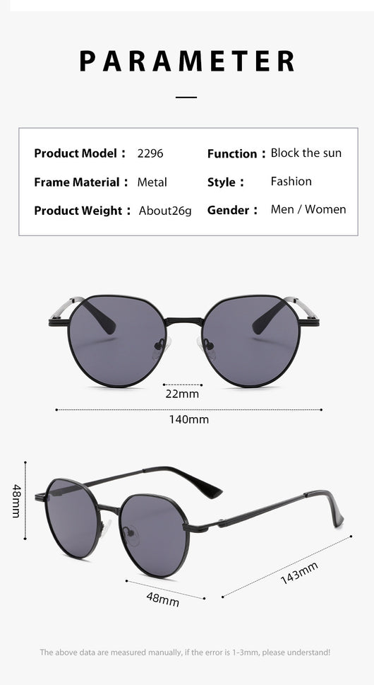 Round metal sunglasses with silver frames and dark gray lenses, featuring black temple tips, on a white background. - Image 12