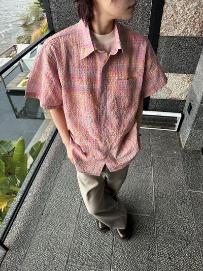 Camisa Cuadriculada Seersucker Suelta para Hombre - Manga Corta Verano - Image 36