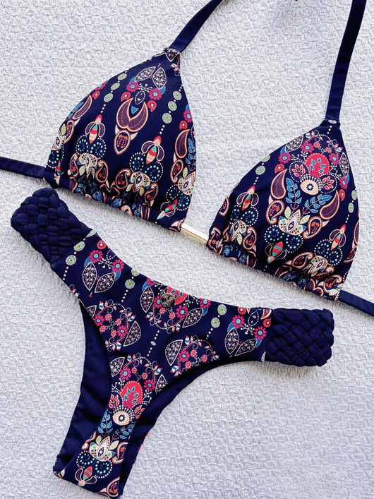 Women's blue, white, and gold marble print bikini with a triangle halter top and braided rope side details. - Image 28
