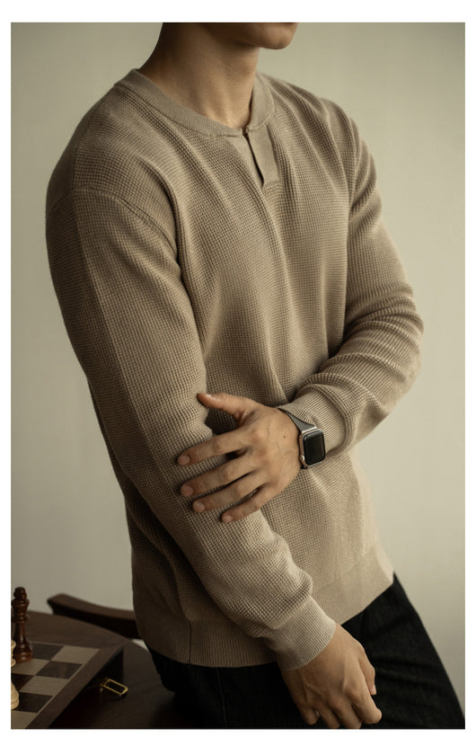 Suéter Henley Casual de Cuello V y Manga Larga para Hombre - Image 13