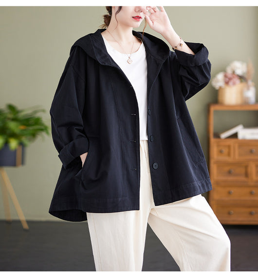 Abrigo Suelto con Capucha Mujer Retro Khaki Algodón Casual Costura Artística - Image 22