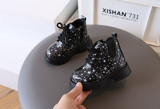 White toddler girls' boots with a holographic star pattern, lace-up front, and side zipper closure. - Image 23