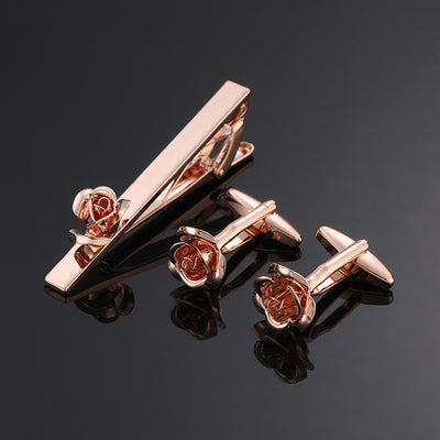 Juego de Clips de Corbata y Gemelos con Cristales Negros y Patrón Floral Esmaltado en Oro y Plata - Image 32