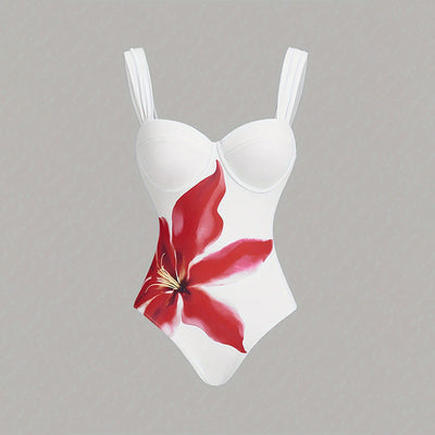 White one-piece swimsuit with red floral print and matching ruched sarong skirt for beach or resort wear. - Image 11