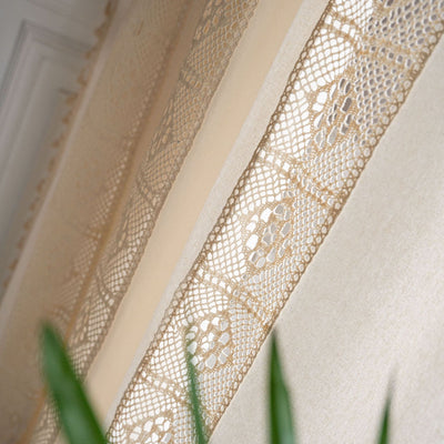 Beige crochet and plaid stitching short curtain with tassels, made from polyester cotton, hanging in a cozy room. - Image 19