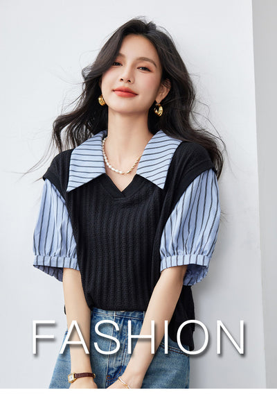 Blusa Esbeltecedora de Dos Piezas con Rayas y Mangas Puff - Image 9