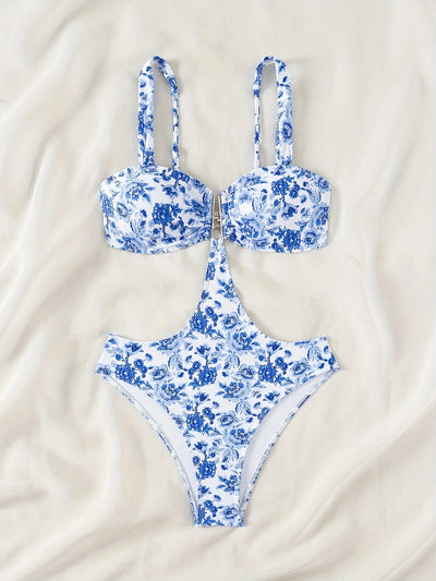 Blue and white floral one-piece swimsuit with a V-bar detail and side cut-outs, perfect for summer. - Image 23