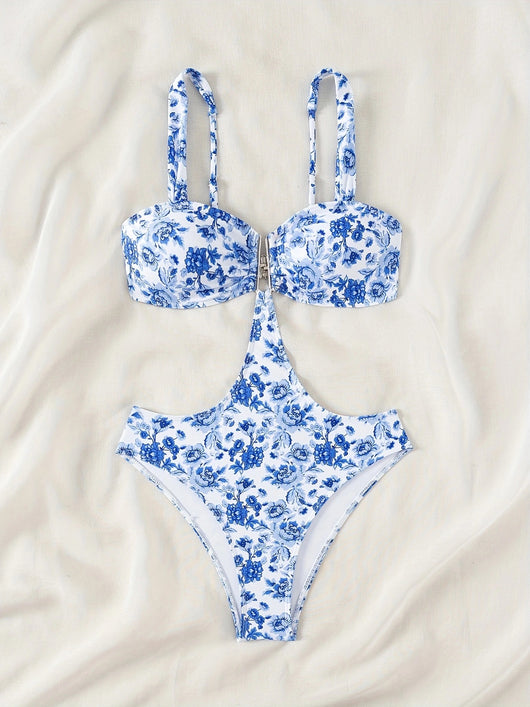 Blue and white floral one-piece swimsuit with a V-bar detail and side cut-outs, perfect for summer. - Image 23