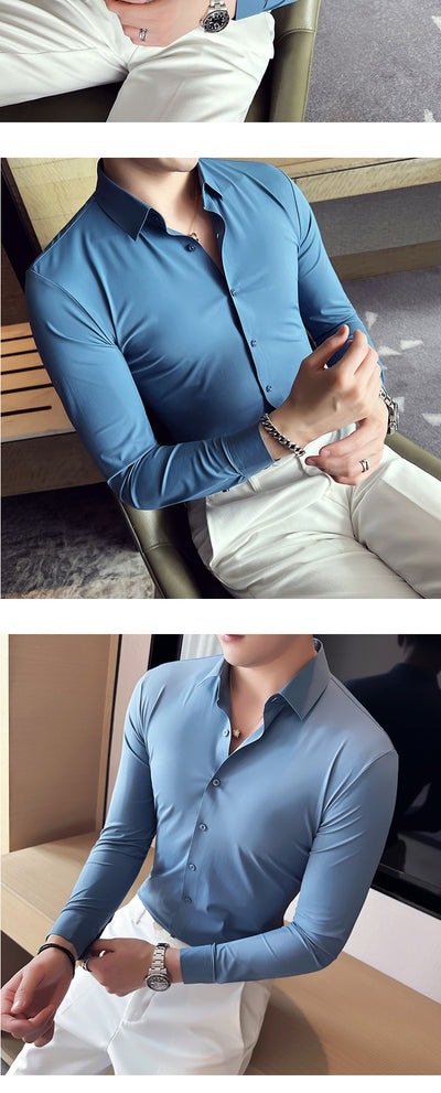 Camisa Ejecutiva Coreana Slim Fit de Punto Elástico para Hombre - Image 24