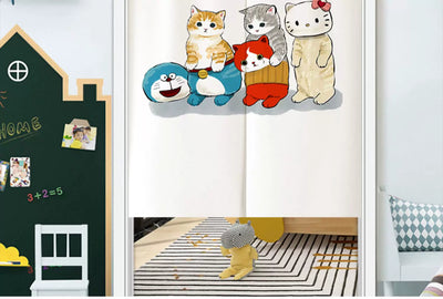 White segmented fabric door curtain with a cartoon design of three cats cooking and surrounded by fried eggs. - Image 14