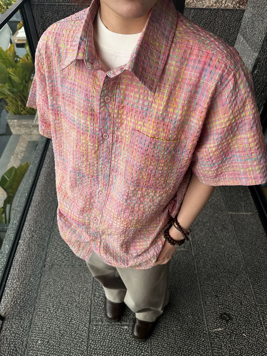 Camisa Cuadriculada Seersucker Suelta para Hombre - Manga Corta Verano - Image 30