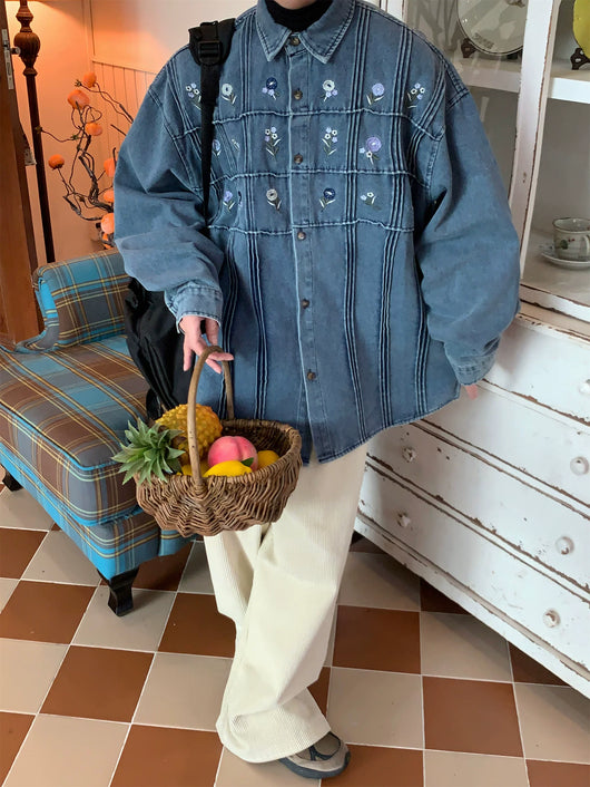 Camisa Denim Vintage Plisada Floral Lavado Clásico Manga Larga - Image 20