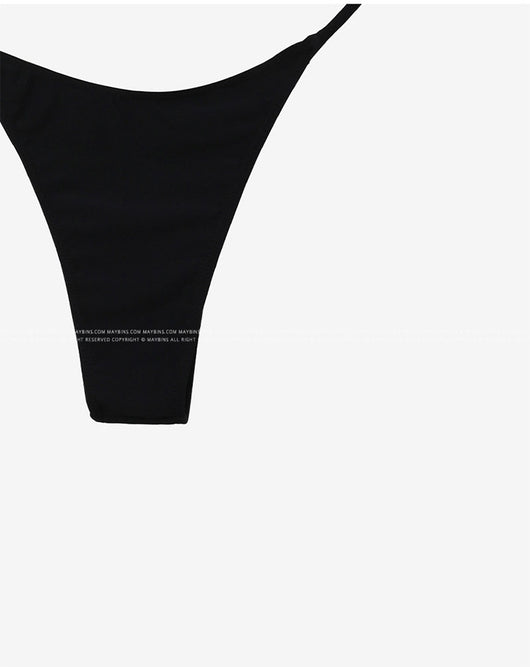 Black pure color bikini with a strapless tie-front bandeau top and matching T-back thong bottoms. - Image 33