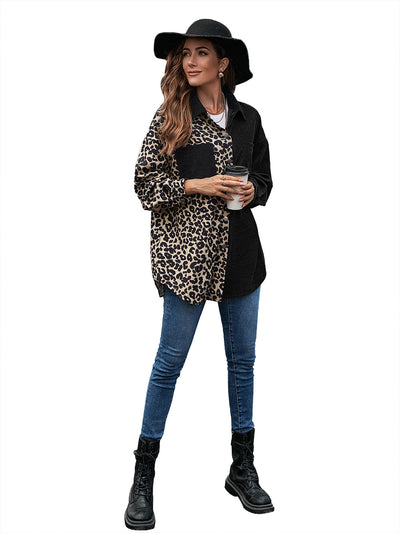 Blusa Suelta Estampado Leopardo Manga Larga Bicolor para Mujer - Image 36