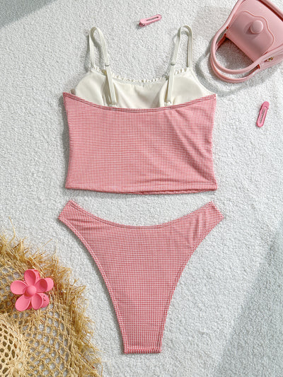 Gingham two-piece swimsuit with a camisole top featuring ruffled trim and a bow, paired with high-cut bikini bottoms. - Image 14