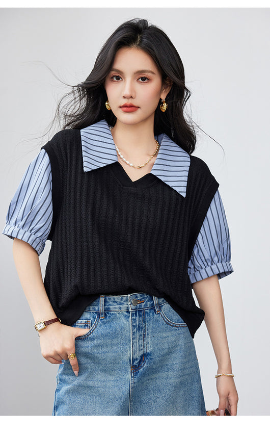 Blusa Esbeltecedora de Dos Piezas con Rayas y Mangas Puff - Image 13