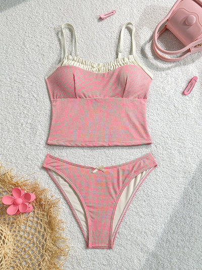 Gingham two-piece swimsuit with a camisole top featuring ruffled trim and a bow, paired with high-cut bikini bottoms. - Image 10