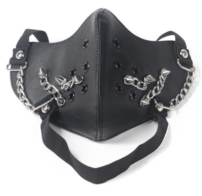 Black leather half-face mask with brass chains, spikes, and gear accents, featuring adjustable elastic straps. - Image 28