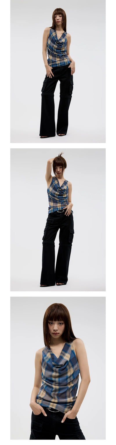 Blusa Tirantes Cuadros Vintage con Pliegues y Cuello Envolvente - Image 20