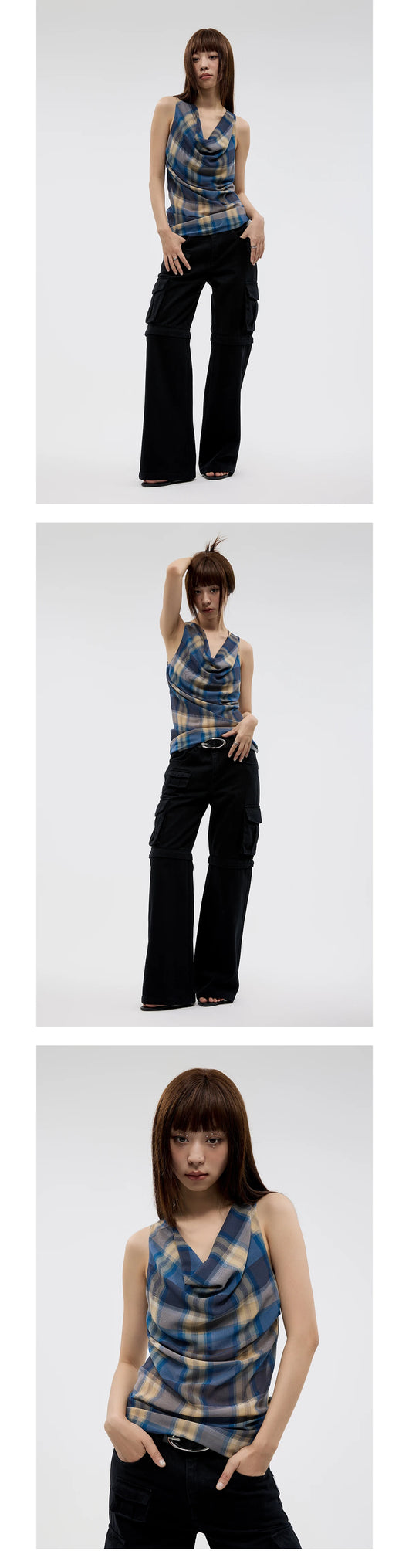 Blusa Tirantes Cuadros Vintage con Pliegues y Cuello Envolvente - Image 20