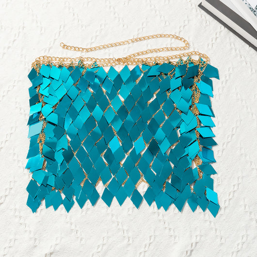 Woman wearing a gold-tone body chain top with iridescent pink and orange diamond-shaped sequins, perfect for beach or festival. - Image 77