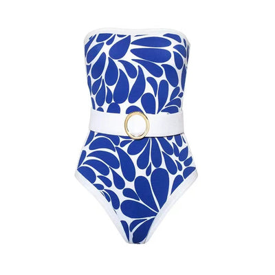 Woman in black and white floral print one-piece swimsuit with matching long-sleeved kimono cover-up and white belt. - Image 32