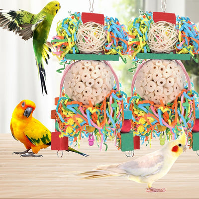 Colorful parrot toy with a woven straw ball, wooden beads, and shredded paper, designed for chewing and entertainment. - Image 16
