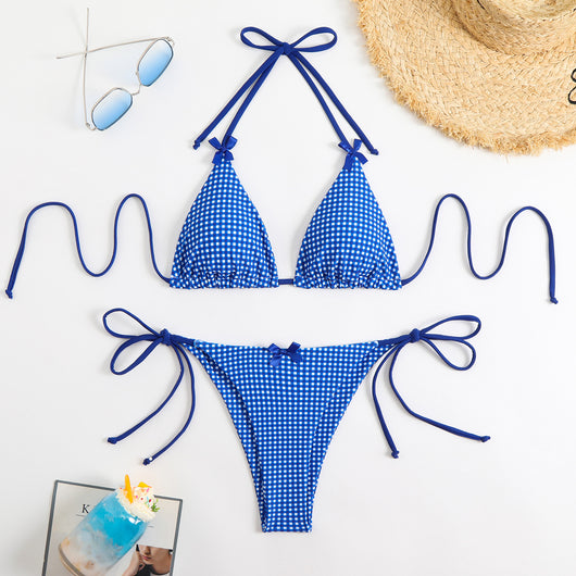 Blue and white gingham plaid bikini swimsuit with triangle top and thong bottom, featuring white tie straps and bows. - Image 10