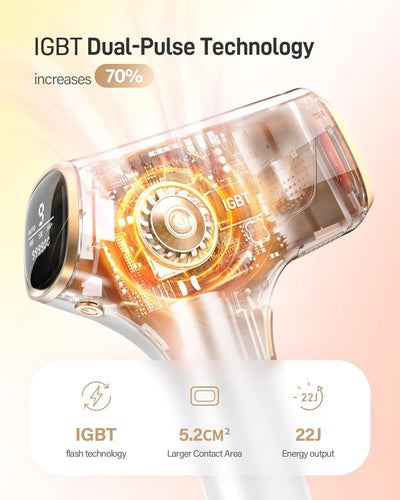 White and gold IPL hair removal device with safety glasses and razor, shown with its "Hair Removal" packaging. - Image 25