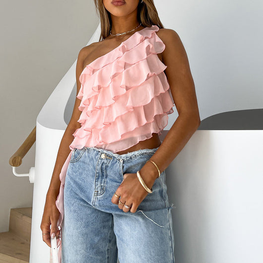 Blusa Asimétrica con Volantes en Colores Sólidos - Image 25