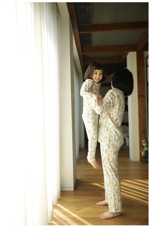 Bamboo cotton knitted parent-child pajama set with a pumpkin print long-sleeve top and solid light blue-grey pants. - Image 47