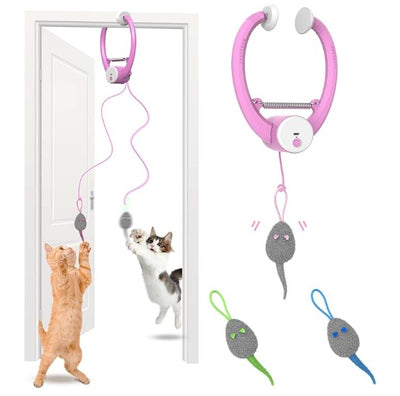 Automatic interactive cat toy with a white and blue door hanger, retractable string, and grey mouse lure. - Image 15