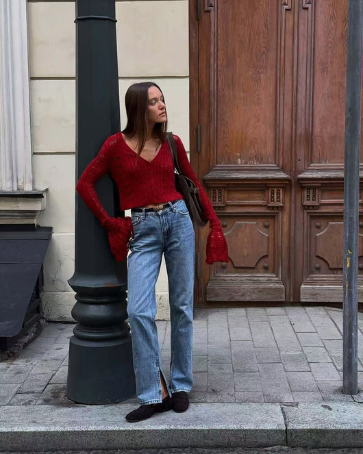 Blusa Corta Tejida con Mangas Acampanadas y Cortes Atrevidos - Image 31
