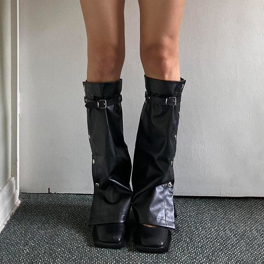 Calentador de Pierna Cuero Negro con Hebilla Metal Punk - Image 19
