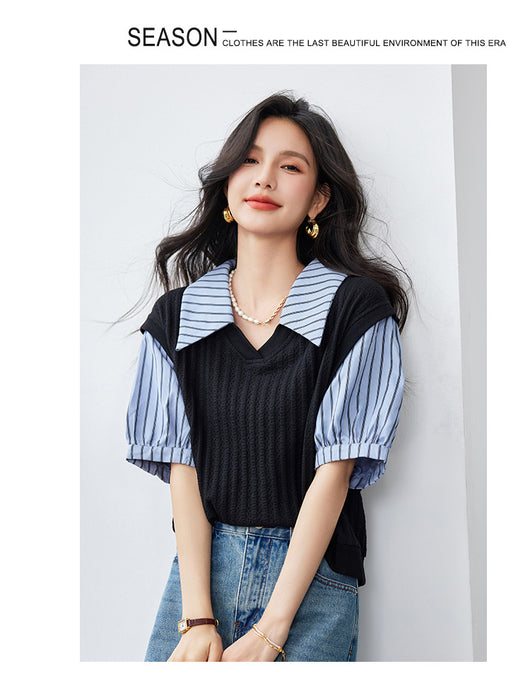 Blusa Esbeltecedora de Dos Piezas con Rayas y Mangas Puff - Image 11