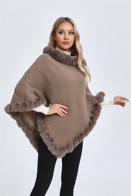 Poncho Tipo Capa de Punto Grueso con Cuello de Pelaje - Image 42