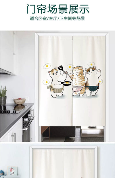 White segmented fabric door curtain with a cartoon design of three cats cooking and surrounded by fried eggs. - Image 12