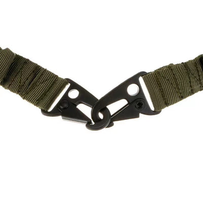 Black crossbody nylon strap with elastic sections, adjustable buckles, and two metal hooks for tension adjustment. - Image 22