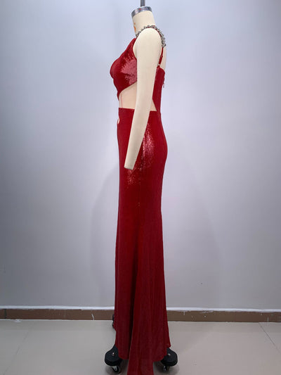 Vestido Rojo con Lentejuelas, Hombro Inclinado y Corte Midriff - Image 15