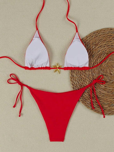 White women's bikini with triangle top and tie-side bottom, featuring a gold starfish charm on the center front. - Image 14