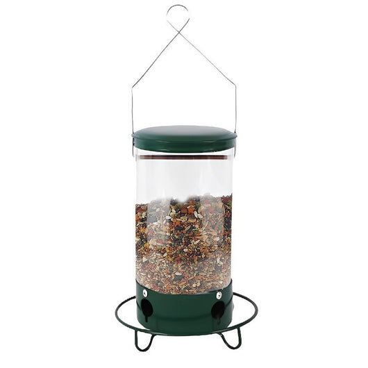 Green and clear tube hanging bird feeder with a metal wire hanger, designed for attracting hummingbirds. - Image 11