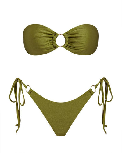 Red glitter bandeau bikini with gold-tone O-rings and side-tie bottoms on a model in a sunny outdoor setting. - Image 37